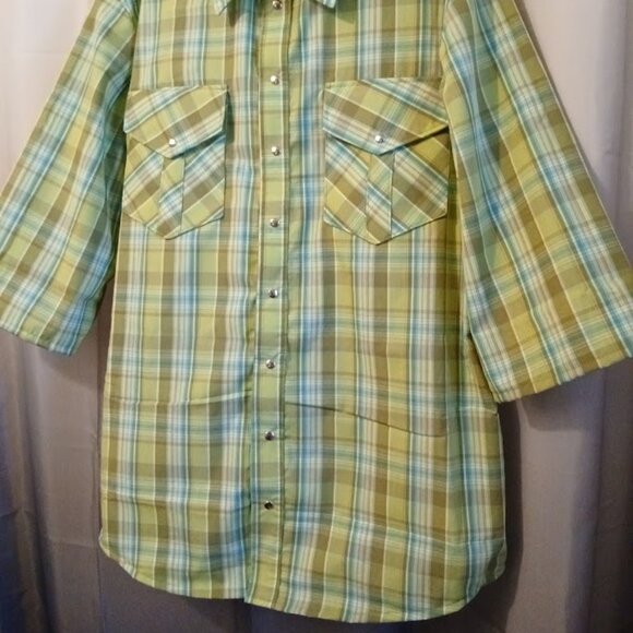 New Mens Western Cowboy Snap Shirt M Plaid short sleeve Mint Olive Blue collared - Picture 4 of 9